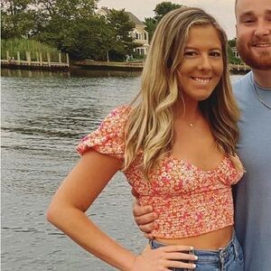 skylar + madison orange flower crop top with puff sleeve